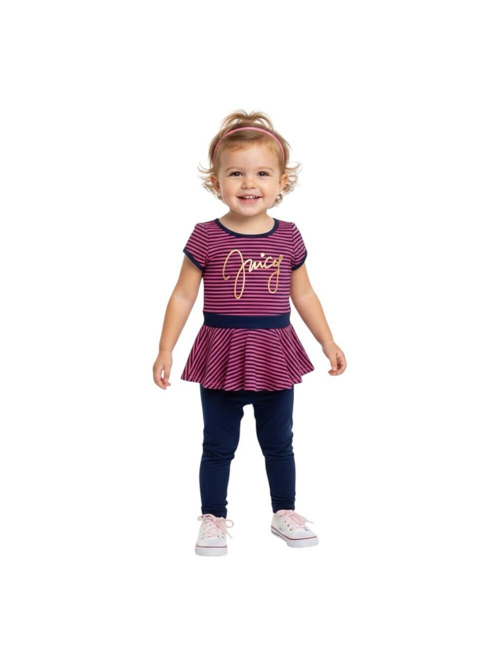 Juicy Couture Pink Navy Stripe Peplum Top 3T Gold Logo Bow Back